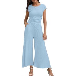 Summer Two Piece Lounge Sets for Women 2024 Cap Sleeve Crew Neck Top Loose Wide Leg Pant Casual Outfits