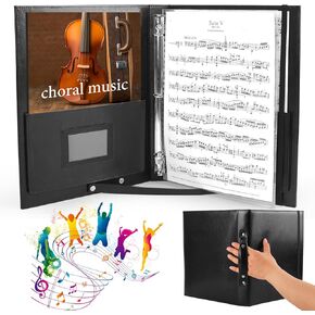 Choral Music Holder, Leather Sheet Music Folder Black, 3 Ring Binder with Handle and Strap for Choir Singer, Stage Performance, Fits Letter Size 8.5 x 11 inch