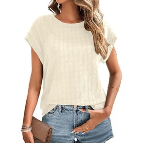 Dokotoo Tops for Women Trendy Summer Casual Cap Short Sleeve Basic Textured Solid Color Round Neck T Shirts Blouse