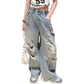 YaYabroe Kids Ripped Jeans for Girls Lightweight Casual Wide Leg Denim Baggy Pants Kids Clothes Size 5-14 Years