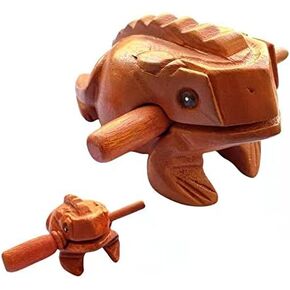 Percussion Musical Instrument Wood Frog, 2pc Set of Large 6 inch and 2.5 inch Natural Wood Frog Guiro Rasp, Wooden Musical Instrument Tone Block
