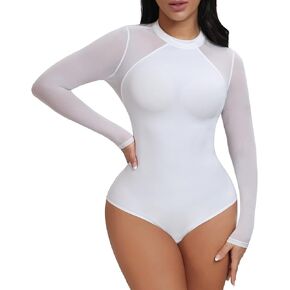 Larrycard Shapewear Bodysuit for Women Tummy Control Body Shaper Long Sleeve Black Mesh Bodysuit Tank Top