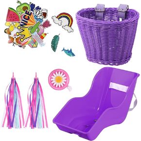 Doll Bike Seat with 30 pcs Stickers Decals, Bike Basket for Kids, Bike Handlebar Streamers Colorful Ribbons Tassel, Daisy Bike Bell for Kids Girls Boys Bike Accessories