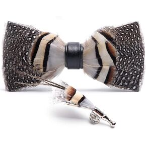 mumusung Handmade Feather Pre-tied Bow tie and Brooch Sets for Men