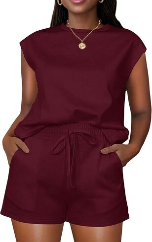 CLOCOR ملابس نسائية مكونة من قطعتين بدلة رياضية بياقة دائرية بدون أكمام بدلة رياضية عالية الخصر برباط مجموعة تي شيرتات قصيرة للأطفال مع جيوب in Kuwait