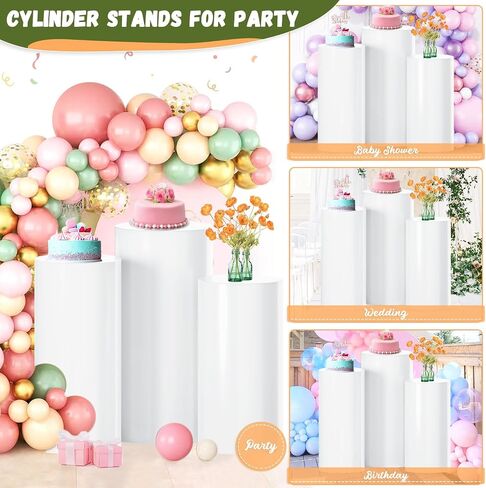 White Cylinder Stand for Party Pedestal Stand Set of 3 Cylinder Stands Round Cylinder Pedestal Stands for Parties Dessert Table Display Pillars Cake Stand Cylinder for Wedding Birthday Props in Saudi Arabia