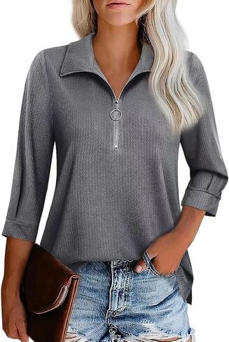 Womens Tops Dressy Casual 3/4 Length Sleeve V Neck Blouses Half Zip up Collar Women Polo Shirts in Saudi Arabia