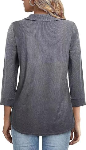 Womens Tops Dressy Casual 3/4 Length Sleeve V Neck Blouses Half Zip up Collar Women Polo Shirts in Saudi Arabia