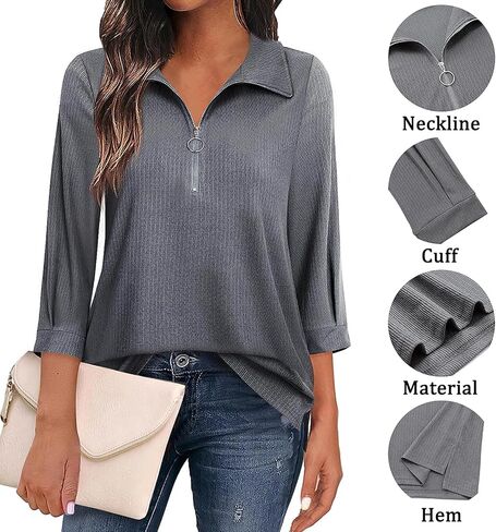 Womens Tops Dressy Casual 3/4 Length Sleeve V Neck Blouses Half Zip up Collar Women Polo Shirts in Saudi Arabia