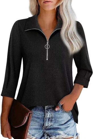 قمصان نسائية كاجوال أنيقة بطول 3/4 كم ورقبة على شكل حرف V وبلوزات نصف سحاب وياقة قمصان بولو نسائية in Kuwait