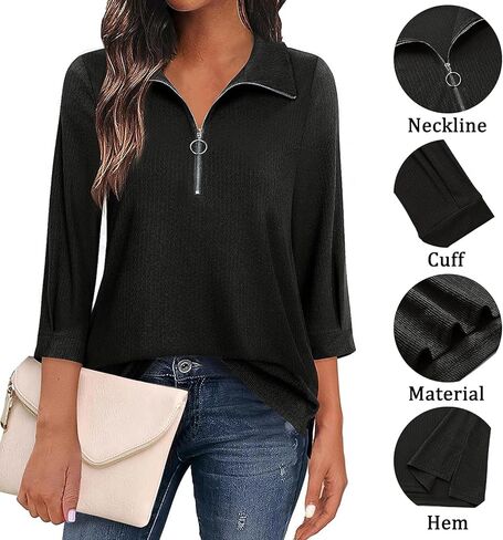 قمصان نسائية كاجوال أنيقة بطول 3/4 كم ورقبة على شكل حرف V وبلوزات نصف سحاب وياقة قمصان بولو نسائية in Kuwait