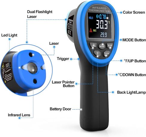 BTMETER BT-1800C البيرومتر -58 درجة فهرنهايت ~ 3272 درجة فهرنهايت (-50 ~ 1800 درجة مئوية) مسدس درجة حرارة الأشعة تحت الحمراء، D:S 50:1 مقياس حرارة عالي الحرارة بالأشعة تحت الحمراء لصهر المعادن في فرن HVAC الصناعي (ليس لدرجة الحرارة البشرية) in Kuwait