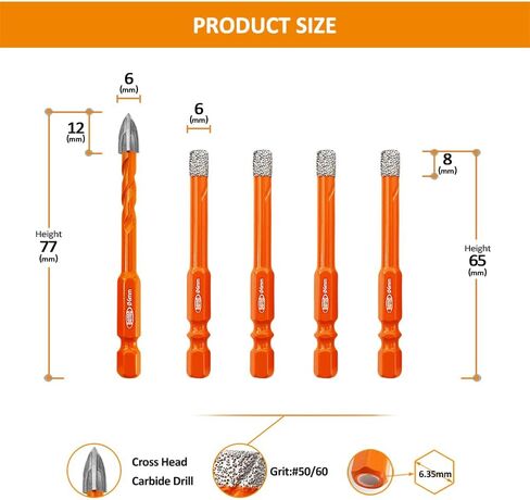 مجموعة لقم الثقب الماسي BGTEC لقم الثقب الأساسية مع ساق سداسية التغيير السريع، 5 قطع 1/4 بوصة * 4 لقمة مثقاب للبلاط + 1/4 بوصة لقمة مثقاب كربيد لبلاط السيراميك والبلاط والبلاط والرخام والجرانيت in Kuwait