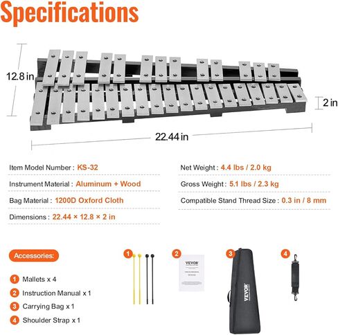 VEVOR 32 Note Glockenspiel Xylophone Bell Kit, Percussion Instrument with Mallets, Drum Sticks and Carrying Bag, Professional Glockenspiel Xylophone Percussion Instrument Set for Adults & Students in Saudi Arabia