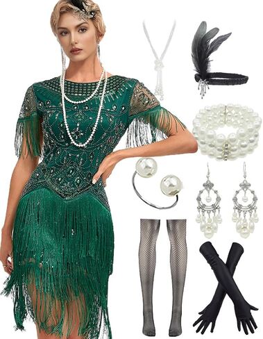 YACHARM 1920s Flapper كم طويل مهدب كوكتيل غاتسبي هادر 20s فستان مُطرز بالترتر مع مجموعة إكسسوارات 20s in Saudi Arabia