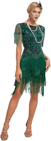 YACHARM 1920s Flapper كم طويل مهدب كوكتيل غاتسبي هادر 20s فستان مُطرز بالترتر مع مجموعة إكسسوارات 20s in Saudi Arabia