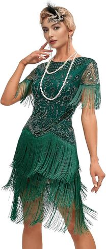 YACHARM 1920s Flapper كم طويل مهدب كوكتيل غاتسبي هادر 20s فستان مُطرز بالترتر مع مجموعة إكسسوارات 20s in Saudi Arabia