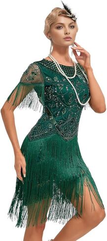 YACHARM 1920s Flapper كم طويل مهدب كوكتيل غاتسبي هادر 20s فستان مُطرز بالترتر مع مجموعة إكسسوارات 20s in Saudi Arabia