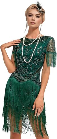 YACHARM 1920s Flapper كم طويل مهدب كوكتيل غاتسبي هادر 20s فستان مُطرز بالترتر مع مجموعة إكسسوارات 20s in Saudi Arabia