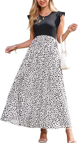 OUGES Women's Maternity Dress Summer Ruffle Sleeve Patchwork Casual Flowy Maxi Dresses with Pockets in Saudi Arabia