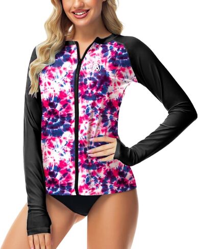 AOBUTE Women Zipper Rash Guard UPF 50+ Sun Protection Swim Shirt Surf Top with Thumb Hole in Kuwait