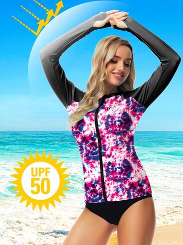 AOBUTE Women Zipper Rash Guard UPF 50+ Sun Protection Swim Shirt Surf Top with Thumb Hole in Kuwait