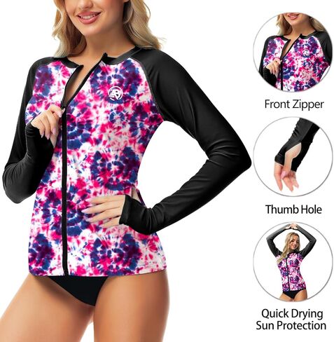 AOBUTE Women Zipper Rash Guard UPF 50+ Sun Protection Swim Shirt Surf Top with Thumb Hole in Kuwait