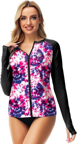 AOBUTE Women Zipper Rash Guard UPF 50+ Sun Protection Swim Shirt Surf Top with Thumb Hole in Kuwait