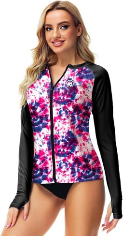 AOBUTE Women Zipper Rash Guard UPF 50+ Sun Protection Swim Shirt Surf Top with Thumb Hole in Kuwait