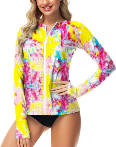 AOBUTE Women Zipper Rash Guard UPF 50+ Sun Protection Swim Shirt Surf Top with Thumb Hole in Kuwait