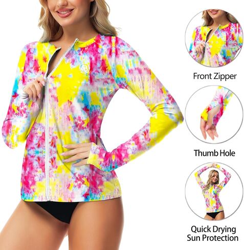 AOBUTE Women Zipper Rash Guard UPF 50+ Sun Protection Swim Shirt Surf Top with Thumb Hole in Kuwait