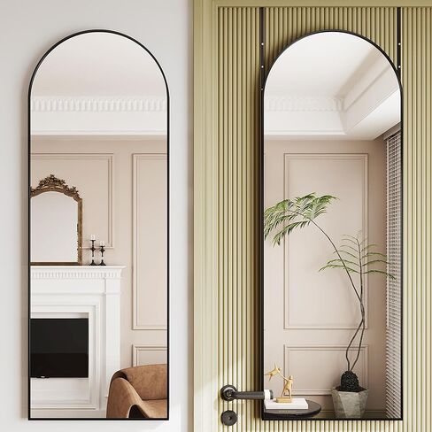 Over The Door Mirror Full Length,48"x14"Full Length Mirror for Door,Over Door Mirror,Mirrors for Bedroom,Hanging Mirror for Door,Arched Mirror Black,Aluminum Alloy Frame(Black) in Kuwait