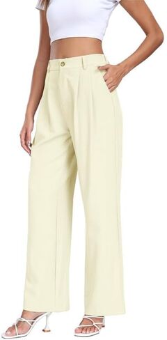 سروال PURPEARL مستقيم واسع الساق للنساء الأعمال عارضة مرونة عالية الخصر اللباس السراويل الطويلة مكتب السراويل مع جيوب in Kuwait