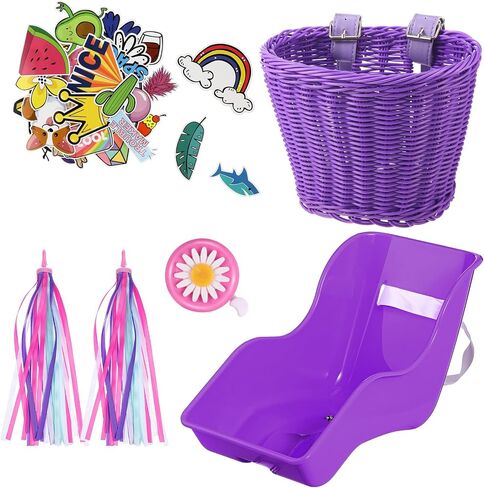 Doll Bike Seat with 28 Pcs Stickers Decals Bicycle Basket for Kids Handlebar Streamers Colorful Ribbons Tassel Daisy Bike Bell for Girls Boys Bicycle Accessories Christmas Kids Gift in Saudi Arabia