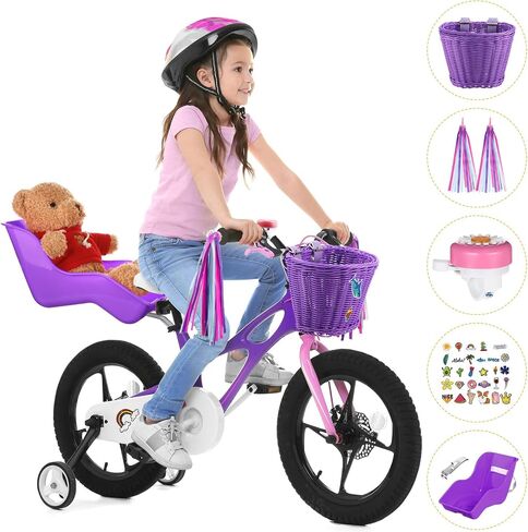 Doll Bike Seat with 28 Pcs Stickers Decals Bicycle Basket for Kids Handlebar Streamers Colorful Ribbons Tassel Daisy Bike Bell for Girls Boys Bicycle Accessories Christmas Kids Gift in Saudi Arabia