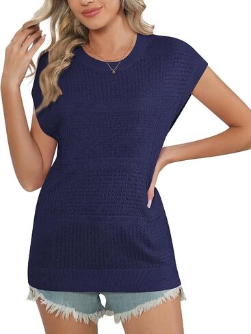 VIISHOW المرأة الصيف الكروشيه متماسكة البلوز القمم Crewneck كم كاب خفيفة الوزن سترة سترة عادية تانك القمم in Kuwait