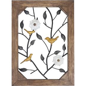 Metal Wall Art,Wall Decor Living Room,3D Handmade Farmhouse Wall Sculpture,Wood Framed Picture Iron Bird Tree Flower Room Decor for Bedroom kitchen Bathroom Entry Way