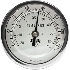 مقياس حرارة ثنائي المعدن من سلسلة Winters TBM من الفولاذ المقاوم للصدأ 304، ساق 4 بوصة، وصلة تثبيت مركزية ثابتة 1/2 بوصة NPT، قرص 3 بوصة، نطاق 0-250 فهرنهايت in Kuwait
