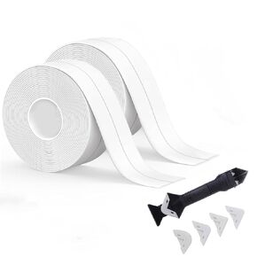 White Caulk Tape Waterproof Self Adhesive, Bathroom Caulking tape,Sealer Strip for Toilet Base Shower Wash Basin Sink, Easy to Use with Silicone Caulking Tool, Multifunction Middle Crease Design