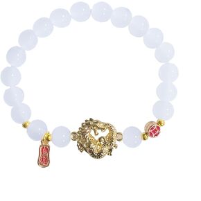 xuzhiyuan 2024 New Year of Dragon Beaded Strech Bracelet Adjustable Green Jade Crystal Beads Chinese Zodiac Animal Dragon Head Charm Bracelet Lucky Charm Bracelets New Year Jewelry Gifts for Women Men Girls Boys