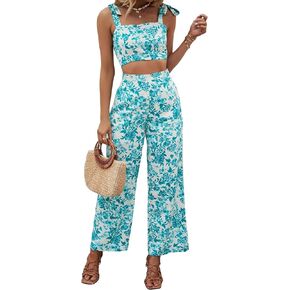 Floerns Women's 2 Piece Summer Boho Floral Print Knot Shoulder Zip Back Crop Cami Top and Maxi Pants Set