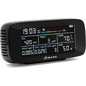 Asani Indoor Air Quality Monitor - 9-in-1 Portable Use for Home, Office - Detects 8 Major Air Pollutants Including CO2, VOC Sensor, Formaldehyde Tester - Room Temperature and Humidity Meter