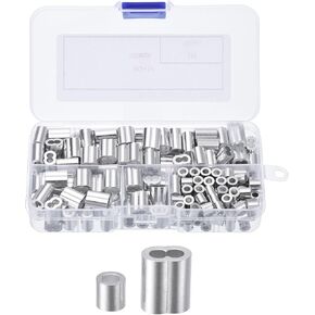 uxcell Aluminum Crimping Loop Sleeve 1/8'' Double Ferrule and 1/8'' Crimping Stop Sleeve for Wire Rope Cable Line End, Silver 100set
