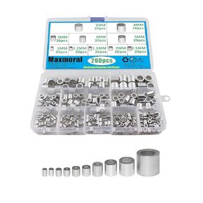 Maxmoral 260PCS M1 to M8 Single Tube Cable Ferrule Wire Rope Sleeve Loop Sleeve Assembly Kit Aluminium Crimp Loop Sleeve Single Hole Cylindrical Aluminium Sleeve for Wedding and Fishing Crimp Sleeve