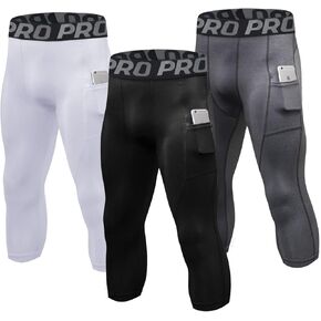 3/4 Compression Pants for Men with Pockets Capri Sports Leggings Basketball Running Tights Dry Fit Workout Baselayer