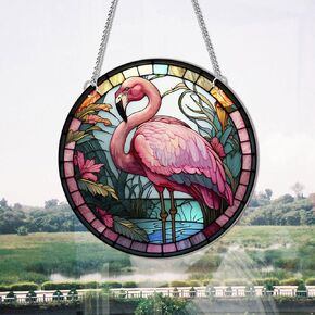 Pink Flamingo Acrylic Window Hangings Nature Suncatcher Stained Window & Wall Decor with Chain for Indoor/Outdoor, Ideal Housewarming Gift, Home Decor for Grandma Wife Teacher Animal Lover