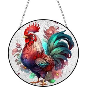 Rooster Acrylic Window Hanging,Chicken Colorful Ornament,Stained Two-Sided Panel Hangings Decoration,Stained Acrylic Panels for Garden,Window, Home and Patio Decor