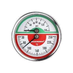 MEASUREMAN Tridicator، مقياس الضغط الحراري، 2-1/2 بوصة، مملوء بزيت السيليكون، 0-160 رطل لكل بوصة مربعة/30-250 درجة فهرنهايت، علبة من الفولاذ المقاوم للصدأ، مقياس ضغط منخفض للتركيب 1/4 بوصة NPT
