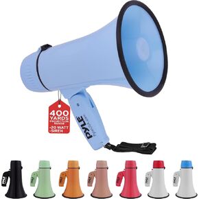 Pyle 20W Megaphone Bullhorn - Portable, Automatic Siren & Adjustable Volume,Projection Range Up to 400 Square Yards, Aux Input, Talk, Siren, Music, Whistle, & Record, Shoulder Strap (Blue)