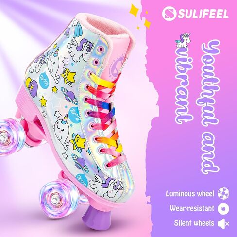 زلاجات دوارة SULIFEEL Rainbow Unicorn للفتيات بعجلات مضيئة للأطفال زلاجات رباعية مع طبقة علوية عاكسة من جلد البولي يوريثان الحراري وقوس قزح وحيد القرن in Kuwait